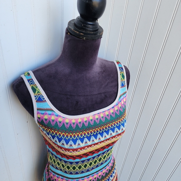 Gorgeous Striped Knit Zig Zag Women Multi Color Casual Dress Midi Slit Stretch S - Picture 3 of 14